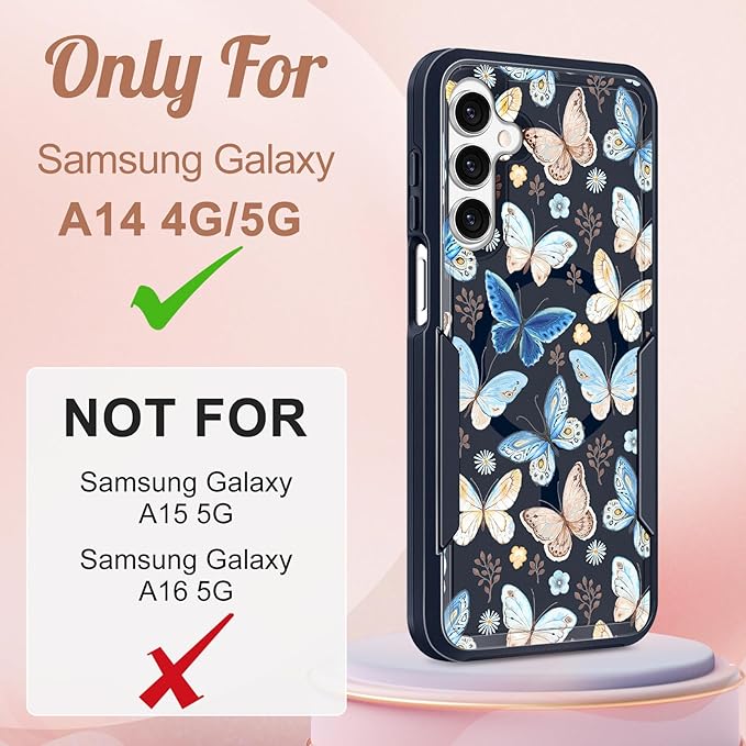 for Samsung Galaxy A14 5G Phone Case - Compatible with MagSafe Women Girls Cute Magnetic Protective Cover Girly Blue Butterfly Heavy Duty Shockproof Design for Samsung Galaxy A14 5G Cases