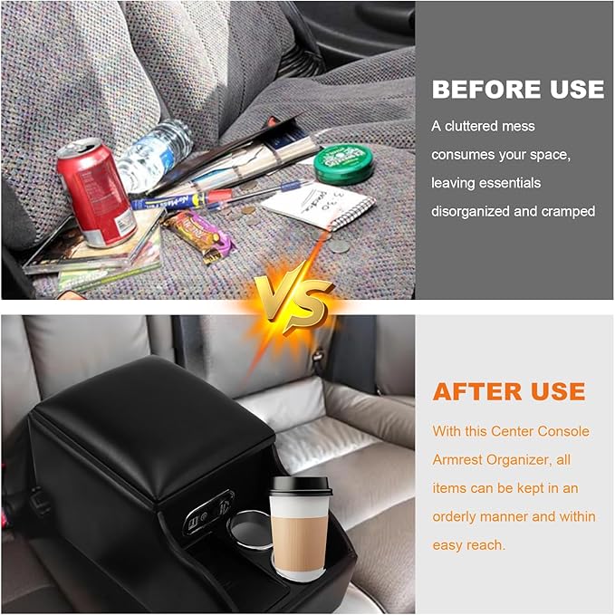 Center Console Armrest Organizer with Flat Wireless Charging Phone Pad & Cup Holders, Multifunctional Car Armrest Storage Box for Car, Van, Truck, Floor Cab, Back Bench Seat – Black