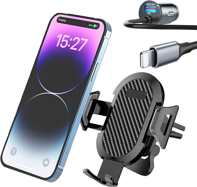 3 in 1 Car Phone Holder Charger Mount, 60W USB C Car Mount Charger Fast Charging for iPhone 14/13/12 + 4FT Type C Cable, Car Accessories, Air Vent Fast Charge Cell Phone Stand Car Mount for iPhone