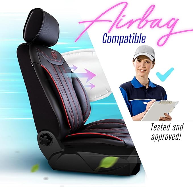 Premium Car Seat Covers Front Seat - Nappa Leather Car Seat Cover for SUV, Cars, Most Pickups, Black-Red Stitching, Car Seat Protector, Car Seat Covers Front Seats, Car Seat Protector