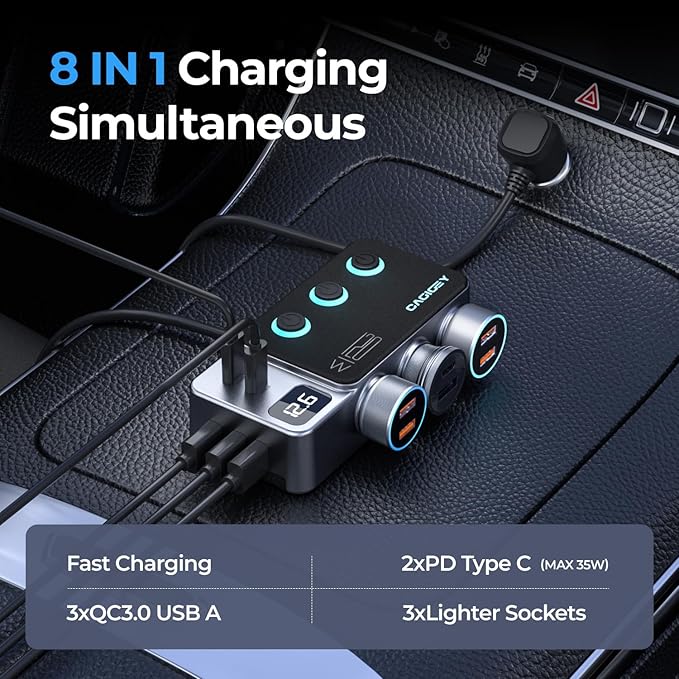 120W 8 in 1 Cigarette Lighter Splitter,Cagigey Car Super Fast Charger Adapter with Type-C QC3.0 PD35W Charging,Multi Port Plug Outlet,Independent Switches, LED Display,3.3FT Cable