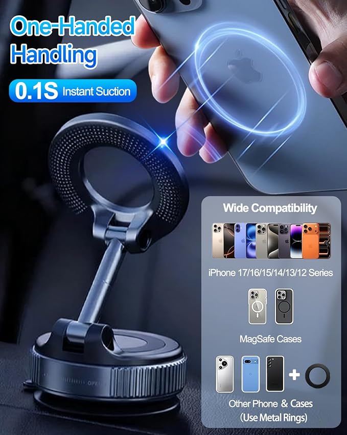 Upgraded Vacuum Magnetic Car Phone Holder for Your Car [120LBS Ultra Suction Cup & 3000gf Magnet] 780° Adjustable Foldable Cell Phone Mount for Magsafe Dashboard Car Bracket Stand for iPhone & Android