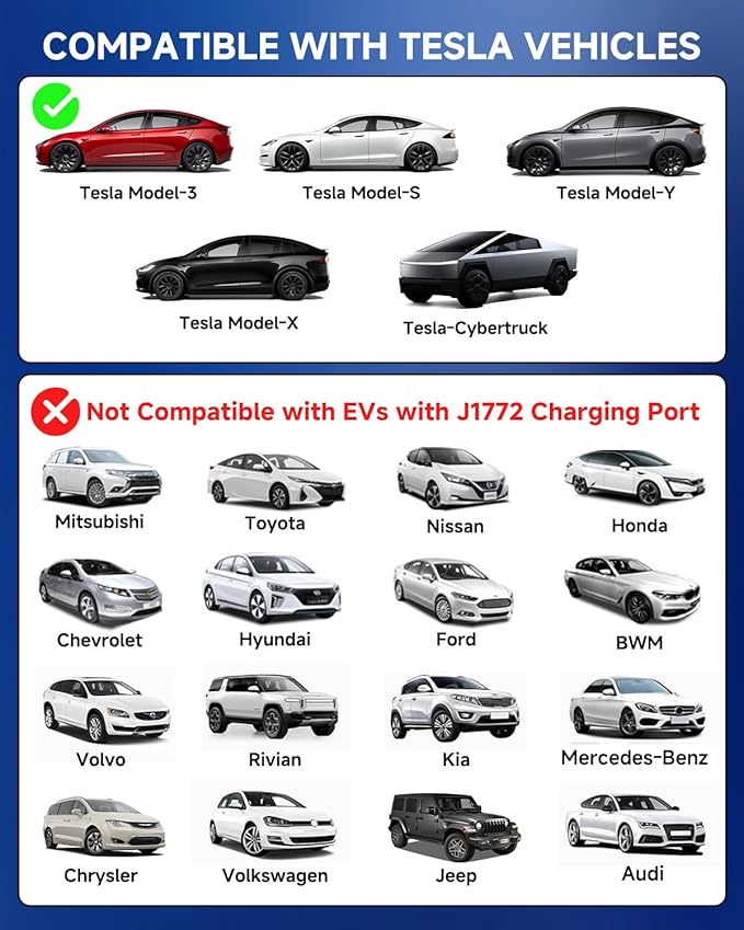 Portable Level 1/2 EV Charger for Tesla, 12A/16A, Electrical Car Mobile Charger 25FT Extension Cable with 240V NEMA 6-20 Plug, 120V NEMA 5-15 Adapter, NACS Home Wall Connector for Tesla Model-Y/3/S/X