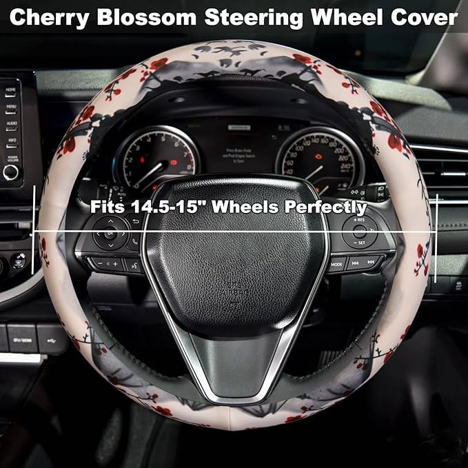 Cherry Blossom Japanese Sakura Steering Wheel Cover for 14.5-15 Inch (37-38 cm) Wheels, Premium Fabric with Non-Slip Rubber Inner Ring