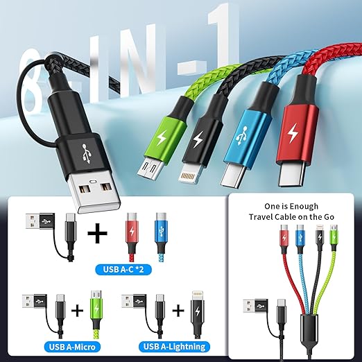 Travel Essentials 4 in 2 Multi Charging Cable [3Pack 5FT], Car Accessories Charging Cable, Chargers for Multiple Devices ith IP/Type C/Type C/Micro, Compatible with Most Phones/Tablets and More