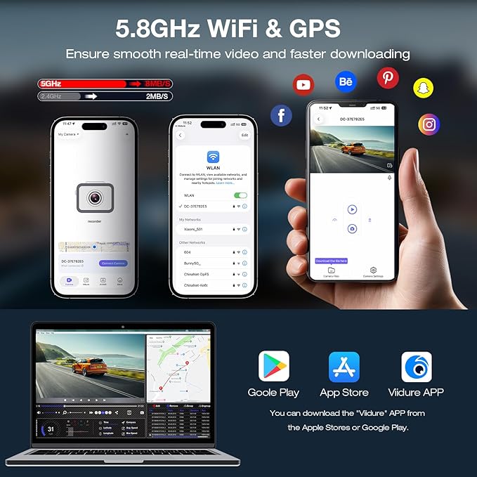 4K+2.5K Dash Cam Front and Rear,GPS,5.8G WiFi, Free 64GB Card Included,Dash Camera for Cars,2-Channel Car Camera,3.16'' IPS Screen,G-Sensor,24H Parking Monitor,Max 256GB
