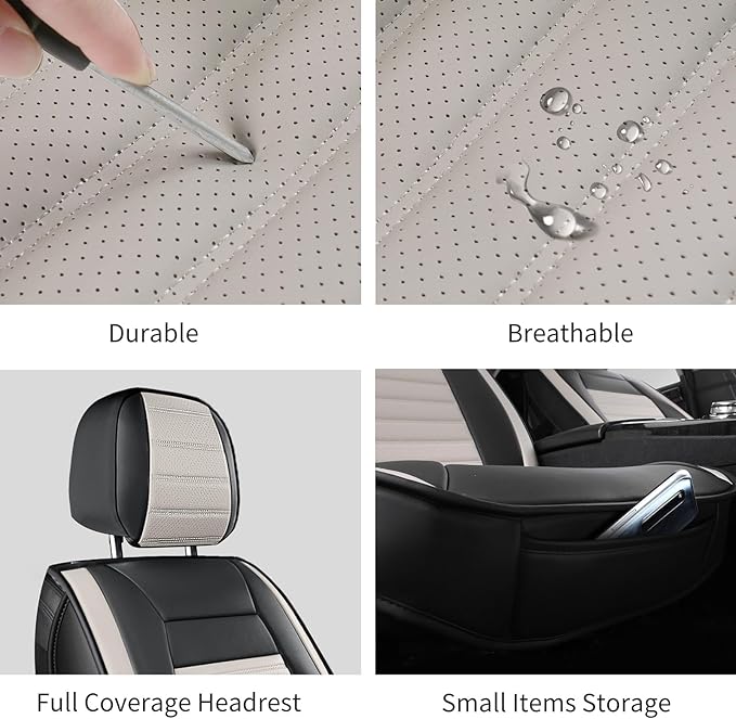 Car Seat Covers Front Pair, Breathable Nappa Leather Seat Covers for Cars, Universal Auto Interiors Car Seat Cushions for Most Sedans SUV Truck (2 PCS Front Seat, Black + Cream)