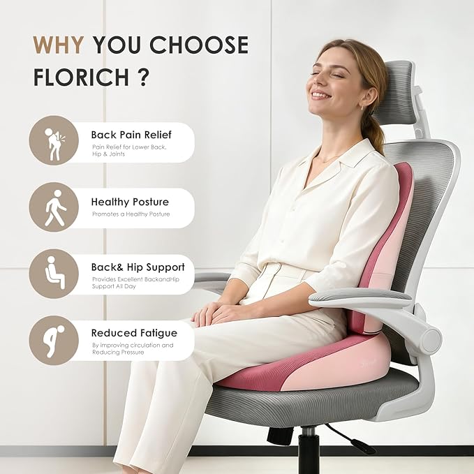 FLORICH Car Seat Cushion and Lumbar Support Pillow, Ergonomic Memory Foam Driving Seat Cushions for Back & Sciatica Pain Relief, Non-Slip Cushion for Car, Office, Truck, Wheelchair, Gaming Chair-Pink