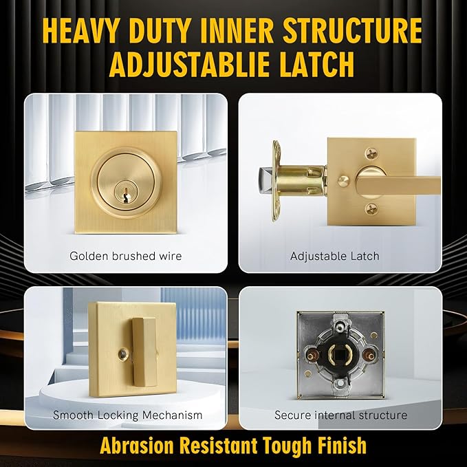 Gold Heavy Duty Privacy Lever Door Handle and Single Cylinder Deadbolt Lock,Exterior Door Lock Set with Deadbolt(3Pack-Set,Satin Brass)