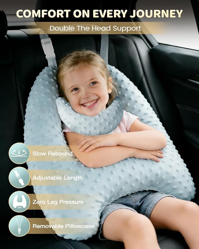 Memory Foam Kids Travel Pillow, Car Pillow for Kids, H-Shape Car Pillows for Sleeping, Removable Pillowcase, Adjustable, Velvet Dots, Blue
