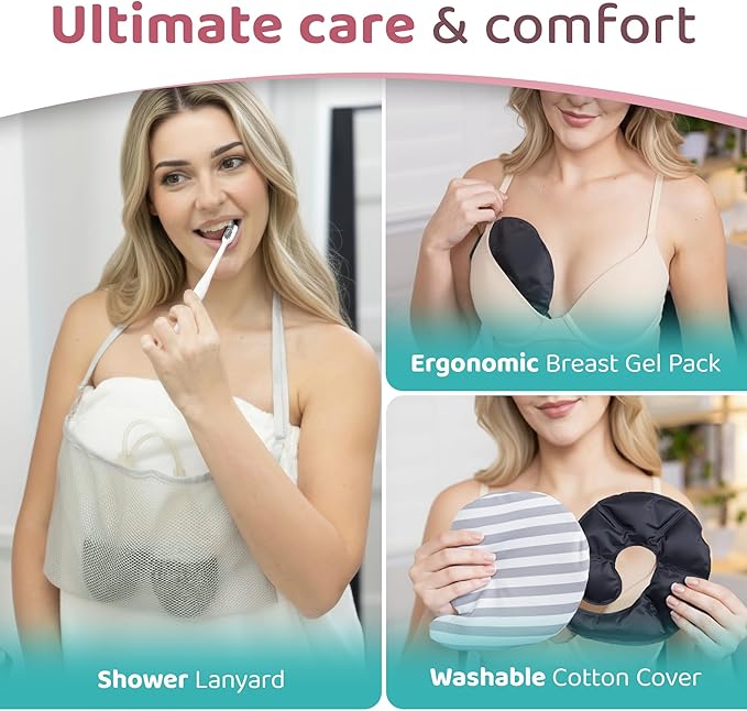 Zomaple Mastectomy Recovery Pillow with Strap, Swirly Gel Pack, Seat Belt Cover & Shower Lanyard – Post-Op Essentials, Breast Augmentation/Reduction & Recovery Supplies – Washable Cover for Comfort