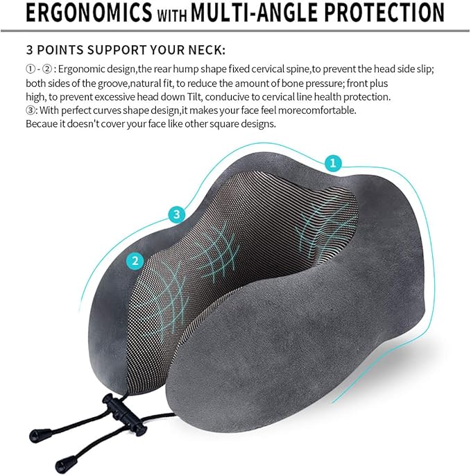 TALLGO Travel Pillow, Best Memory Foam Neck Pillow Head Support Soft Pillow for Sleeping Rest, Airplane Car & Home Use (Grey)
