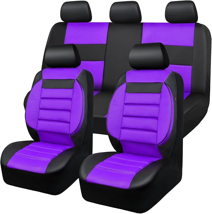 CAR PASS Leather 3D Foam Back Support Car Seat Covers Full Set Air Mesh Automotive Seat Covers, All Season Car Seat Cover Fit Automotive,SUV,Sedan,Van, Airbag Compatible Elegance (Black Purple)
