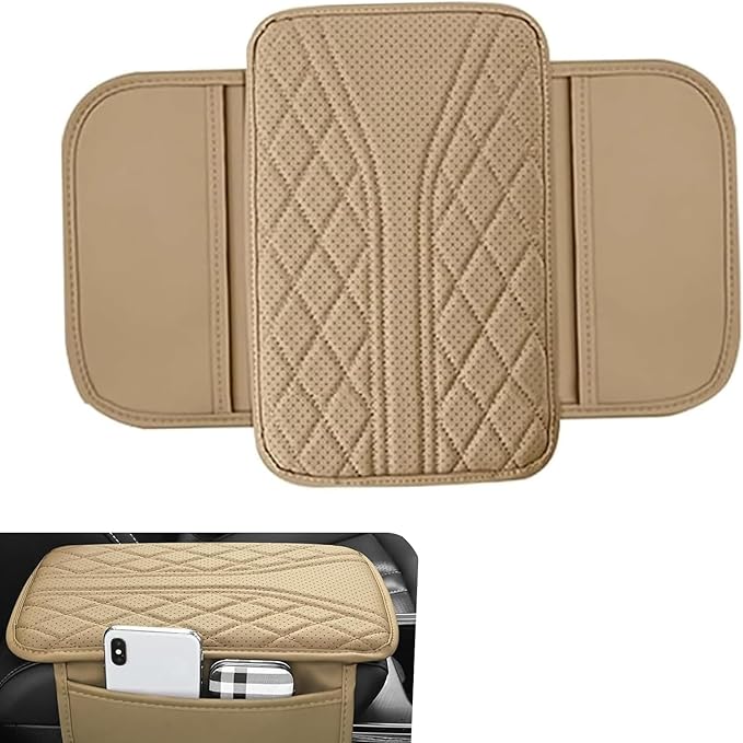 Car Center Console Cover, Leather Automotive Armrest Cushion with 2 Storage Bags, Breathable Armrest Cover, Universal Waterproof Arm Rest Protection Pad for SUV, Sedan, Truck (Beige)