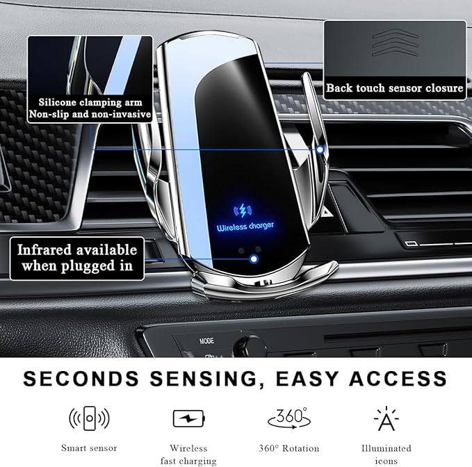 Wireless Car Charger, 15W Fast Charging Air Vent Mount Auto-Clamping Phone Holder, Automotive Electric Induction Charger 360° Rotating Magnetic Vent Mount Bracket for Smartphones (Silver)