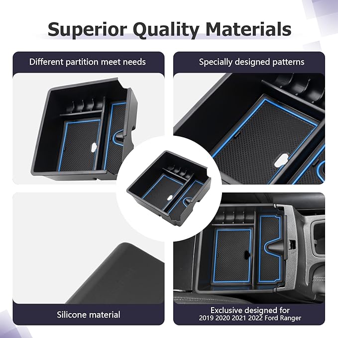 LUWU Ranger Center Console Organizer for 2019 2020 2021 2022 2023 Ford Ranger XL/XLT/Lariat/Raptor Accessories Armrest Console Storage Box Glove Organizer Tray ABS Material Blue