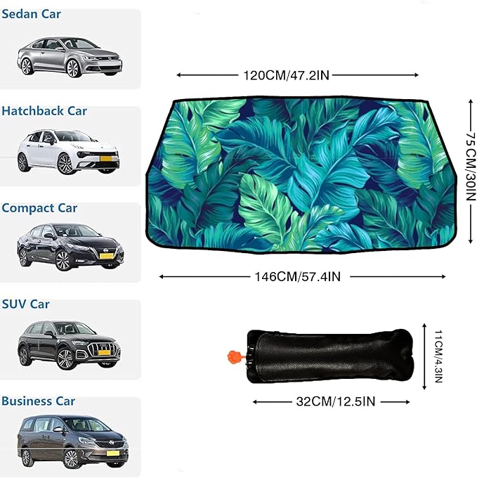 Socira Tropical Car Sun Shade Windshield Umbrella Palm Leaf Sunshade for Green Window Shades Windshield Sun Shade Umbrella Sun Visor Leaves Car Accessories Keeps Cool 57" x 30"