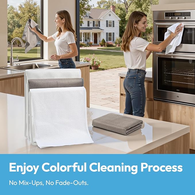 Microfiber Glass Cleaning Cloth 6 Pack, 15.5x15.5 Inch White Magic Cleaning Rags, Lint Free Streak Free Reusable Towels for Windows, Mirrors, Cars, Screens, Kitchen and Stainless Steel Surface