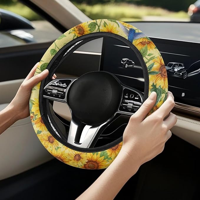 AFPANQZ Car Steering Wheel Covers 14-15" inch Universal Fit Most Car Sedans SUVs, Sunflower Print Comfortable Handmade Breathable Steering Wheel Protector