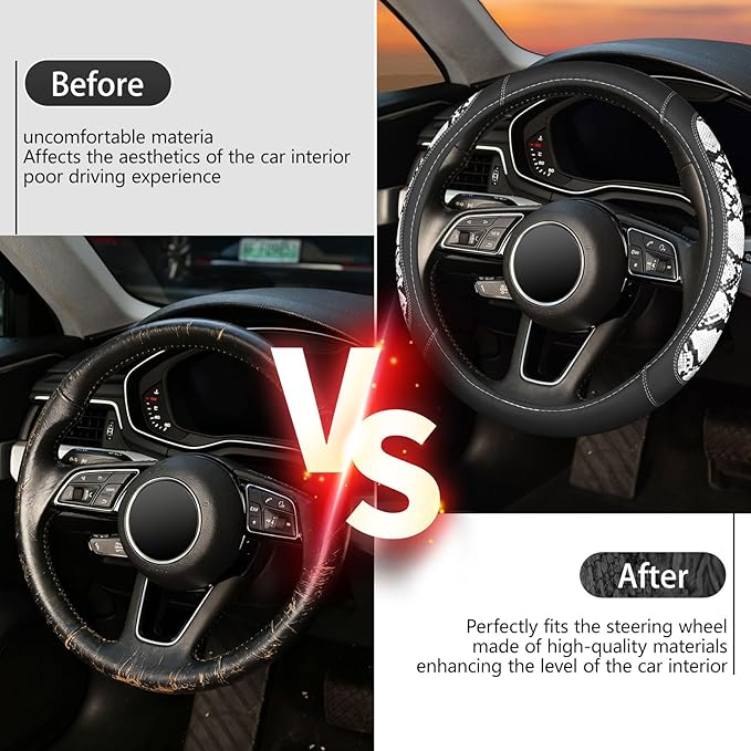 ZHOL Snake Skin Leather Steering Wheel Cover,Black and White Animal Fur Car Accessory Steering Wheel Cover,Universal 14.5-15inch,Anti-Slip Car Steering Wheel Protector for Women Men
