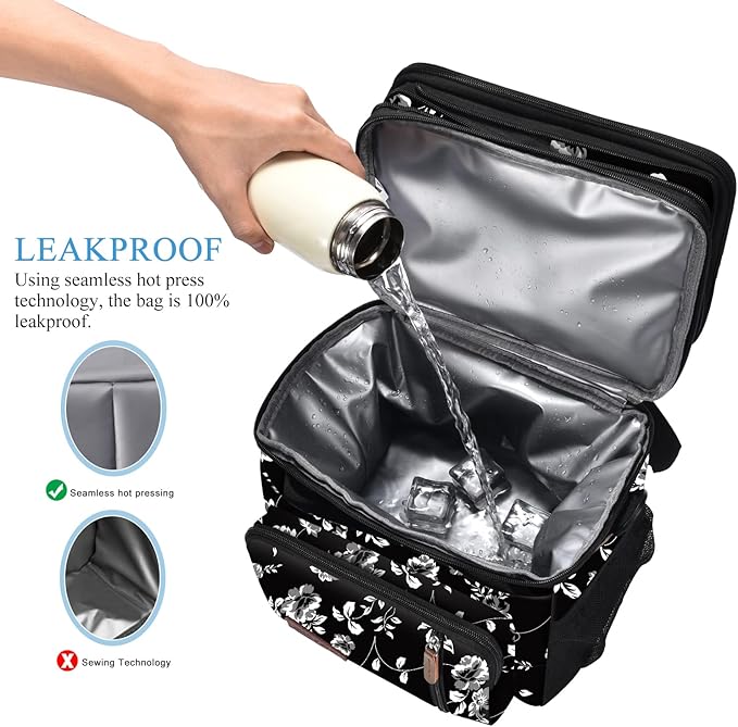 MIYCOO Lunch Bag & Lunch Box for Women Men, Double Deck Leakproof Insulated Soft Large Adult Camping Cooler bag for Work, Beach, Picnic, Travel (White Flower, 15L)
