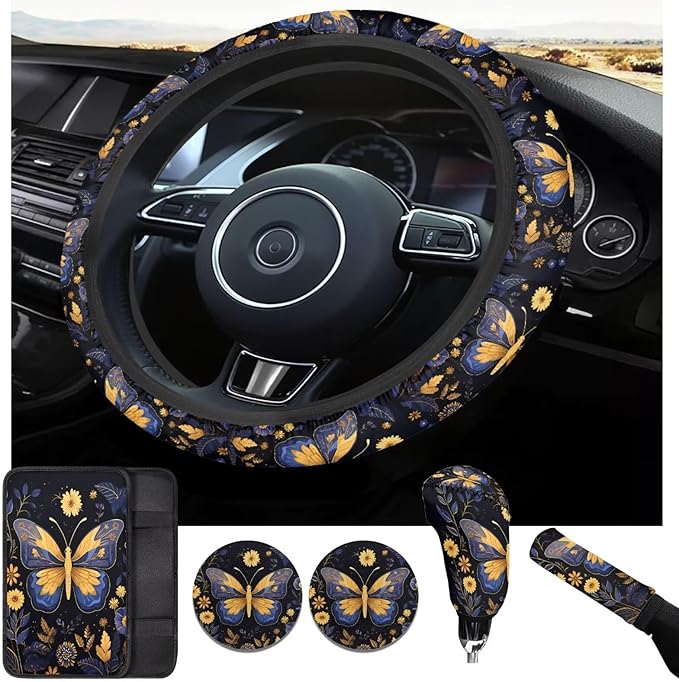 Butterfly Car Decor Set for Women Butterfly Car Steering Wheel Cover Sets Cars Interior Decor Cup Coaster Handbrake Cover Suit for Most Cars Truck Vans SUV
