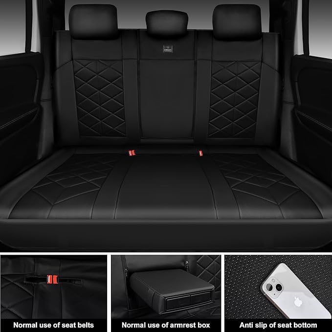 CAR PASS Nappa Leather Back Seat Cover Memory Foam, Luxury Breathable Faux Leather Bench Rear Seat Cover, Thick 3D Foam Zipper Split Backseat Cover Universal Fit for Cars, Trucks, Sedans, SUV, Black