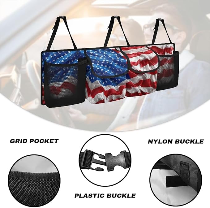 3D American Flag Trunk Organizer Trunk with Lid Hanging Storage Bag Patriotic Design Suv Car Back Seat Organizer,Car Storage Accessories