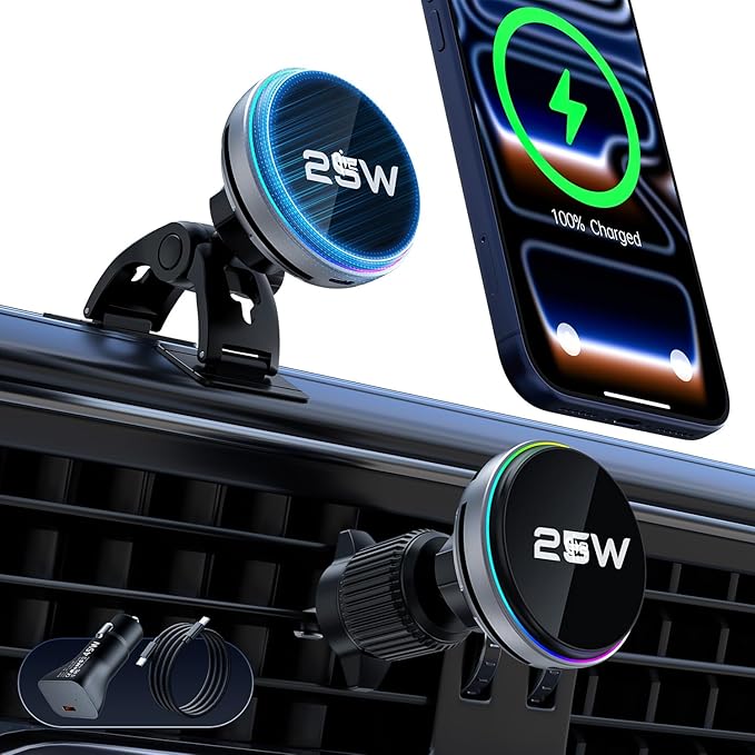Qi2.2 Certified LOOSAU for 25W MagSafe Car Mount Charger with Cooling Fan &45W Adapter iPhone 17 Pro MaxCar Magnetic Phone Holder Charger Fast Charging for iPhone 16/15/14/13/12 Plus Air/Pixel 10 Pro