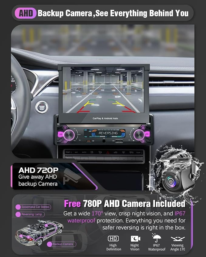【SOOEMAKA】 Single Din Touchscreen Radio with Wireless Carplay&Android Auto,7 inch QLED Motorized Flip Out Car Stereo Upgrade PD/QC 3.0 Type-C Fast Charging/Dual WiFi/Bluetooth 5.1/AM/FM/DSP (Flip)