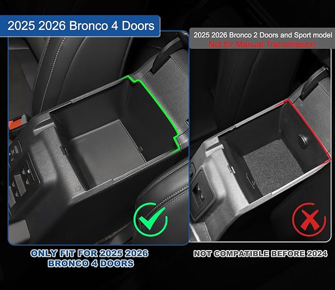2026 Upgrade Center Console Organizer fit for 2025 2026 Ford Bronco 4 Door Bronco Center Console Storage with Rubber Mats for Ford Bronco 2025+ Storage Accessories|Not for 2 Dooor/Manual/Sport Model|