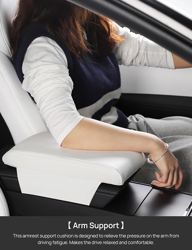 TPARTS Leather Armrest Support Cushion for All Tesla Model Y/3/X/S Tesla Armrest Decor Interior Accessories Memory Foam Console Pillow Elbow Rest Cover Pad (White)