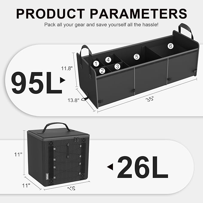 Bold Color Block Trunk Organizer | 95L, 35"x13.8"x11.8" | Dedicated Shoe Storage & 26L Ice Pack | Foldable for SUV/Car/Jeep | Stylish Gift & Essential Car Accessories for Drivers - Black-X212
