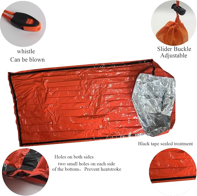 Emergency Sleeping Bags for Survival，2 Pack Bivvy Bag， Storage Bag with Whistle， Camping, Hiking Keep Warm, Outdoor Adventures