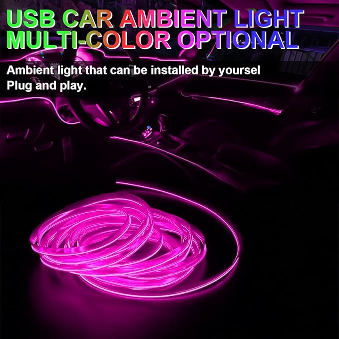 EL Wire LED Strip Lights, 10FT/3M USB Auto Neon Light Strip with Sewing Edge, Electroluminescent Ambient Lighting Kits with Fuse Protection, Car Decoration Accessories (Purple/10FT)
