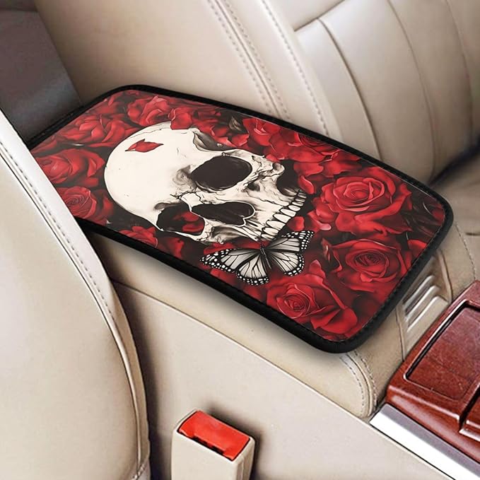 Universal Car Center Console Cushion Pad, Red Rose Skull Butterfly Soft Waterproof Car Center Console Cover Auto Armrest Seat Box Cover Protector for Most Vehicle SUV Truck Car