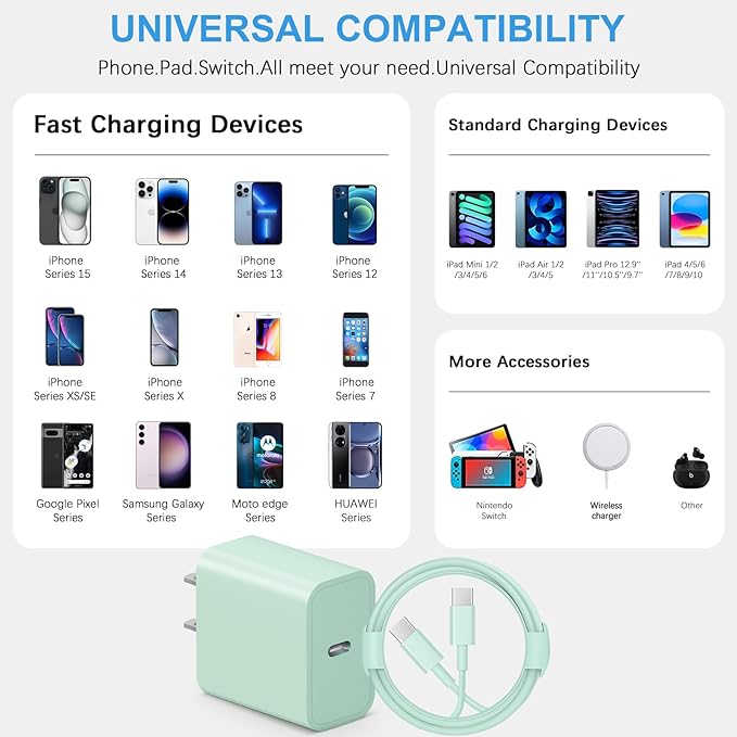 iPhone 17 16 15 Charger Fast Charging 3+3Pack Type C Charger USB C Chargers Block with 10FT Cable for iPhone Air/17/17 Plus/17 Pro/17 Pro Max/16/16 Plus/16 Pro/16 Pro Max/15/15 Pro Max(Green)
