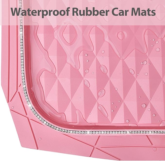 CAR PASS Bling Diamond Rubber Car Mats, Heavy Duty Deep Dish All-Weather Floor Mat Full Set Anti-Slip 3D Rhombus Waterproof Trim Fit Liner Universal Glitter Sparkly Shining Rhinestone, Pink Rubber