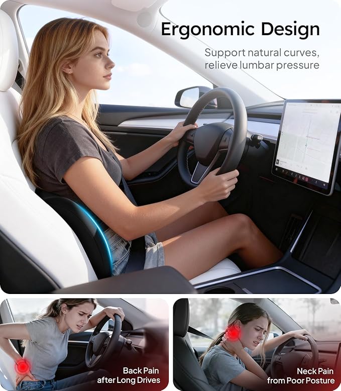 Wigoo 2026 Lumbar Support Pillow for Car [Ergonomic Design, Pressure Relief] Back Cushion for Driving Seat, Back Support Pillow for Car-Office Chair, Fits All Vehicles (Black 2-Pack)