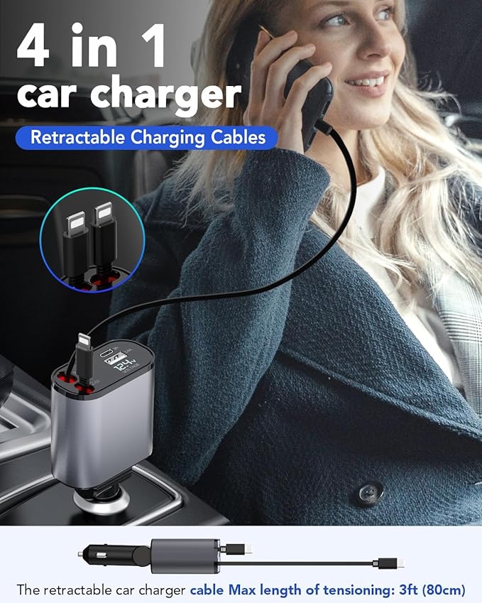 Retractable Car Charger, 4 in 1 Fast Charging 69W, Cigarette Lighter Adapter 2 Retractable iPhone Cables and USB Car Charger,Compatible with iPhone 14/13/12/11,Galaxy,Pixel