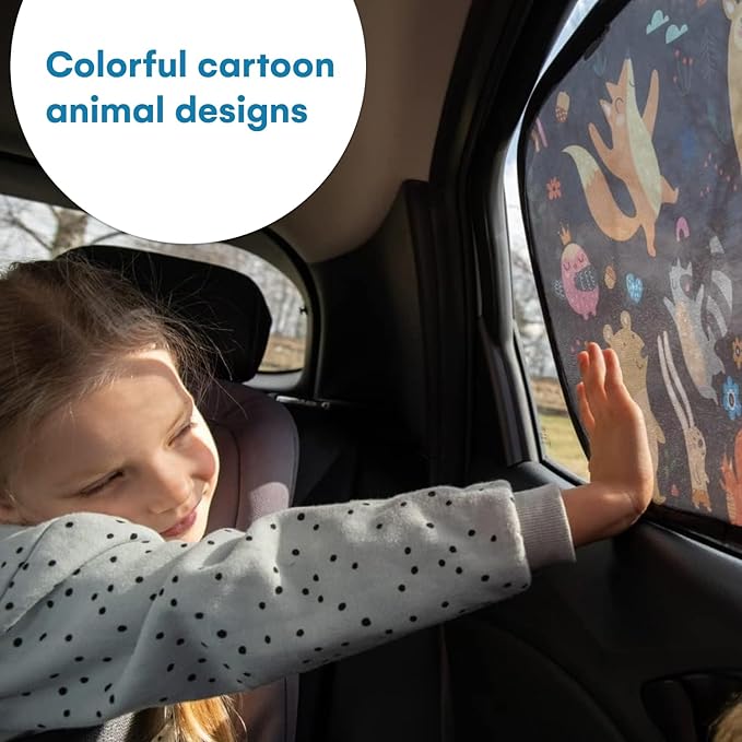 Window Sun Shade for Baby - Sun Blocker Cover and Visor for Car Side Windows - Shield Protector - Sunshades for Rear Windows - Cartoon Animal Design (2 Pack) 19"x12"