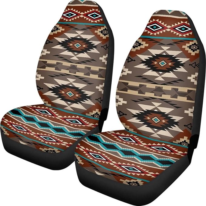 ELEQIN Front Car Seat Covers 2pcs, Brown Aztec Tribal Automotive Seat Covers Car Accessories Universal Size Fit for Most Cars,SUVs&Trucks&Vans