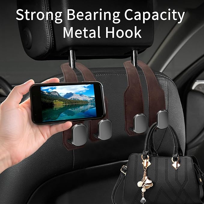 Car Seat Headrest Hooks for Purses and Bags, 4 Pack Bag Purse Holder for Car with Double Metal Hooks, Car Purse Hanger, Headrest Back Seat Handbags Hook Cute Hanging Accessories, Brown