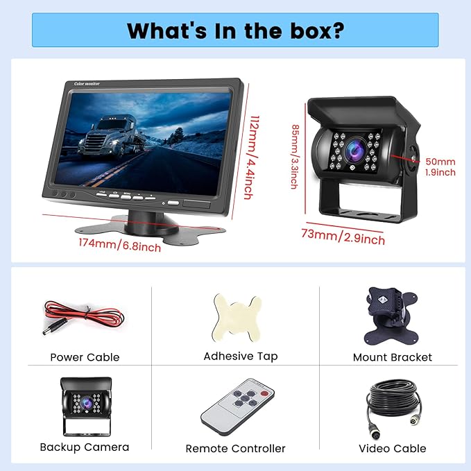 Hikity Vehicle Backup Camera 7" Monitor Kit, 18 IR Night Vision Waterproof Rear View Camera Reverse Monitor for RVs,Bus, Trailer, Truck (65ft 4 Pins Aviation Extension Cable)