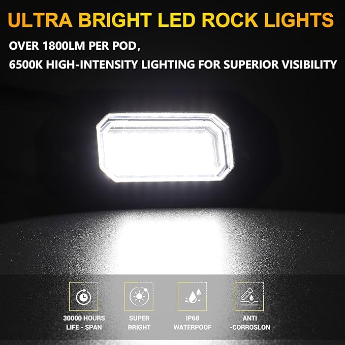 16 Pods Metal Bright Pure White LED Rock Lights Kit,Per pod provided 15FT Power Cord,6500K 36LEDs Neon Underglow Light Aluminum Waterproof Fender Lights for Trucks Trailer Jeep Off Road ATV UTV