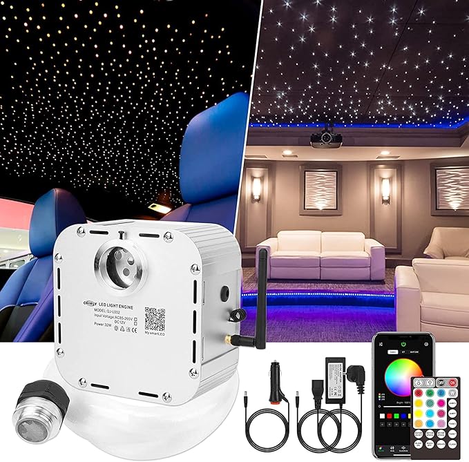 CHINLY 32w Twinkle 800pcs 0.03in 13.1ft Bluetooth RGBW LED Fiber Optic Star Ceiling Light,APP/Remote Music Mode Headliner Light Kit+Adapter+Cigarette Lighter+10 Crystals,for Headliner/Home Theater