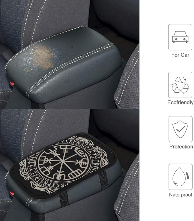 for Black Celtic Viking Design Magical Runic Comp Car Center Console Armrest Cover Car Handrail Box Cushion Handrail Box Armrest Cushion Middle Consoles Protector for Most Car