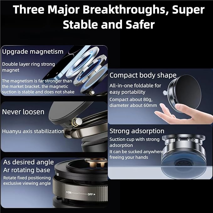 Vacuum Magnetic Car Phone Holder 361° Adjustable Foldable Portable Magnetic Phone Holder for Car for Car/Gym/Mirror/Smooth Surface Suction Cup Phone Mount Compatible for All Smartphones (Black)