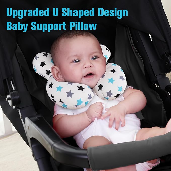 KAKIBLIN Baby Neck Pillow, Upgraded Baby Support Pillow, Head Pillows for Carseat, Newborn Neck Support for Car Seat, Stroller, Pushchair,Travel (White Star)