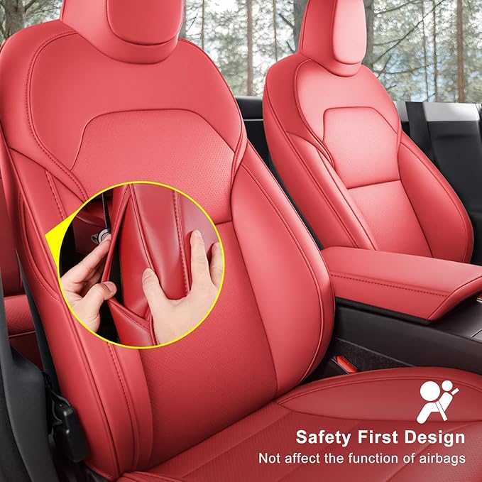 Car Seat Covers for New 2025 Tesla Model Y Juniper Nappa Leather Car Interior Seat Airbag Compatible Cushion Cover Full Set Custom Fit 2025-2026, Nappa Wine Red